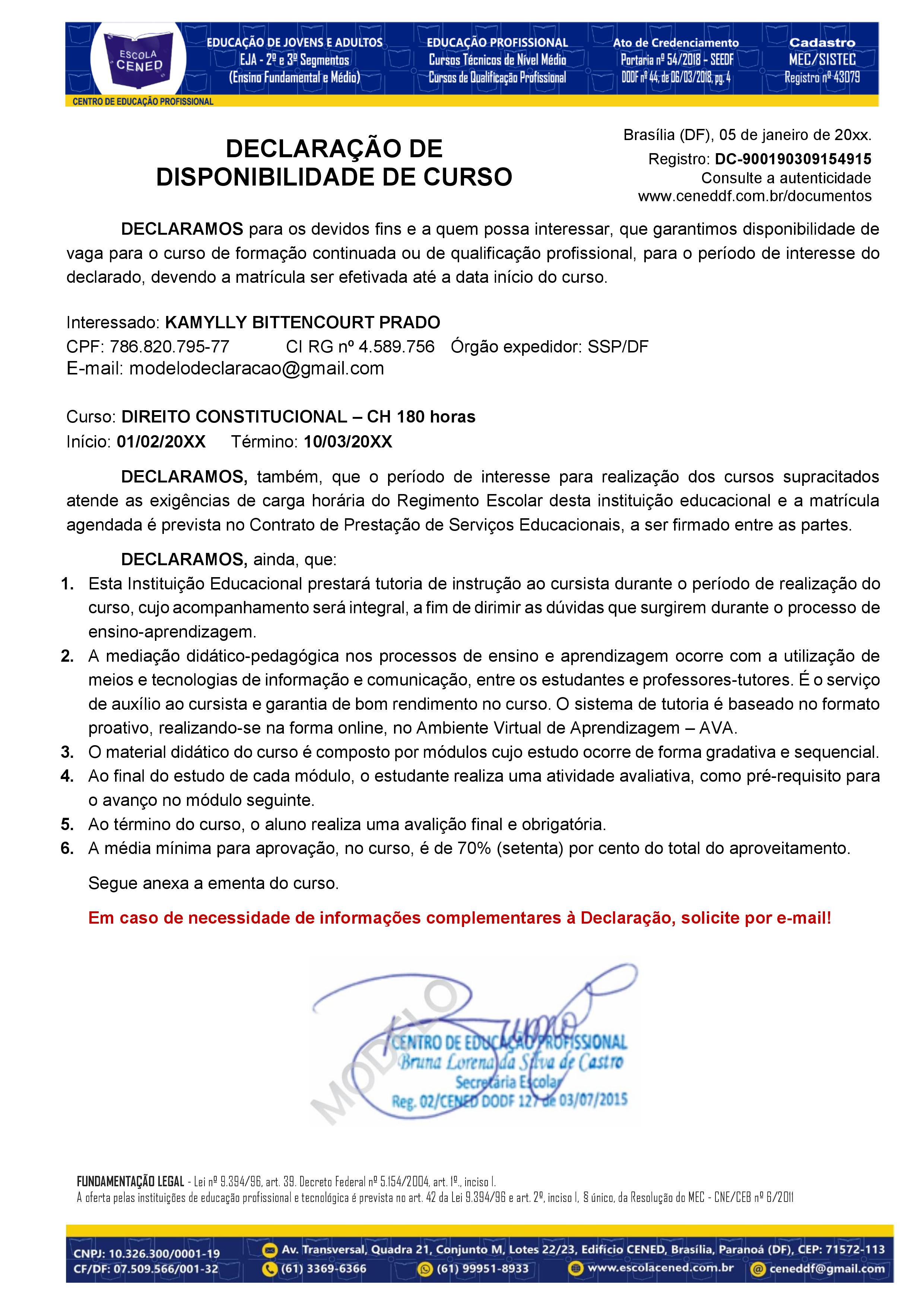 Modelo de Declaração de Disponibilidade